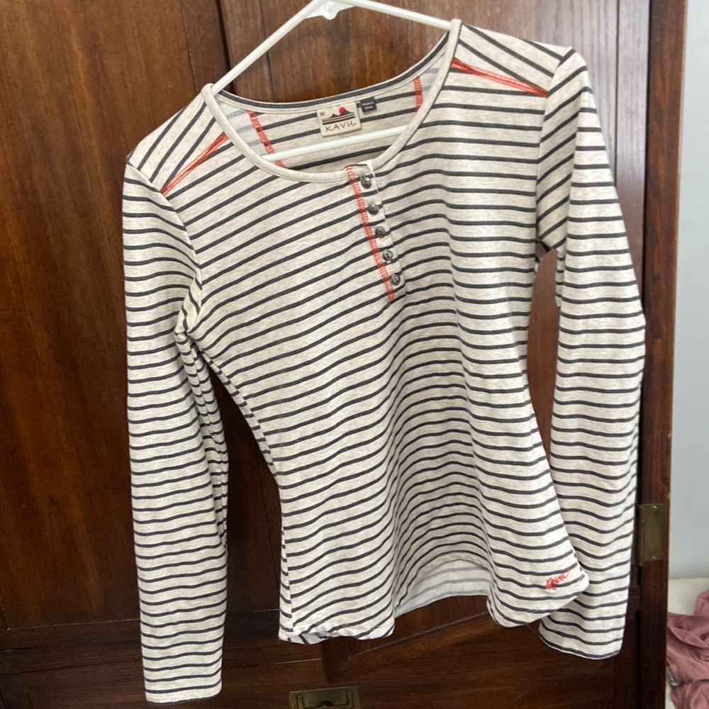 Kavu Long sleeve crème striped shirt 1/4 button cotton polyester blend